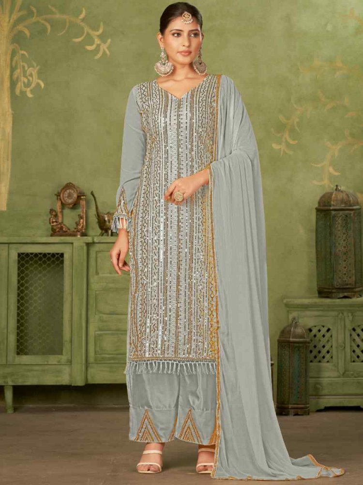 Grey Georgette Embroidered Festival Mehendi Pant Salwar Kameez