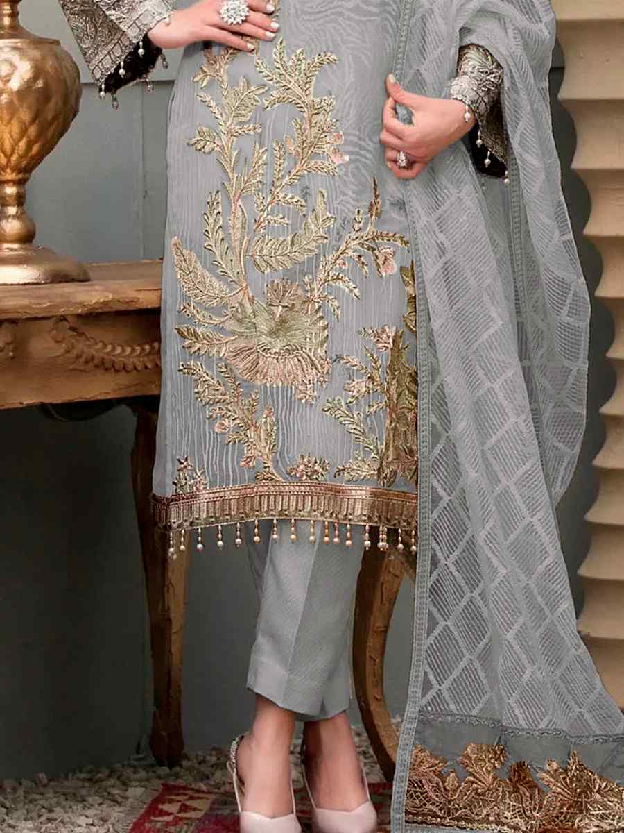 Grey Georgette Embroidered Festival Party Pant Salwar Kameez