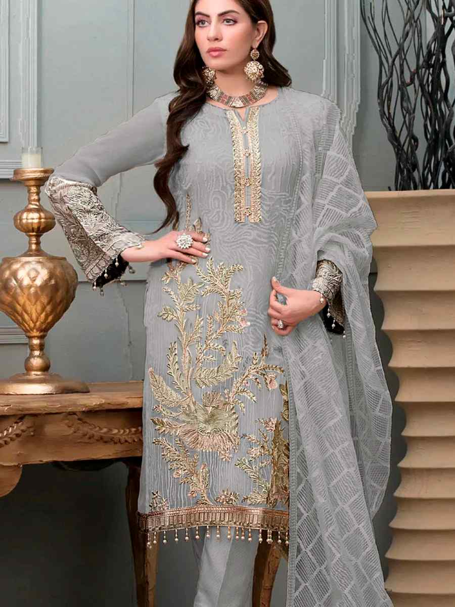 Grey Georgette Embroidered Festival Party Pant Salwar Kameez