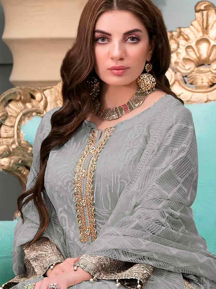 Grey Georgette Embroidered Festival Party Pant Salwar Kameez