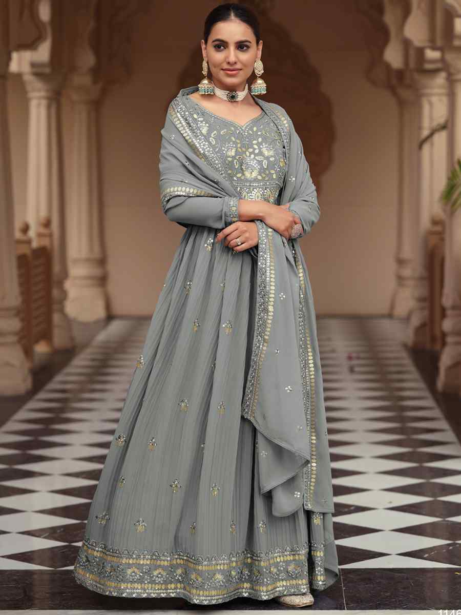 Grey Georgette Embroidered Festival Party Ready Anarkali Salwar Kameez