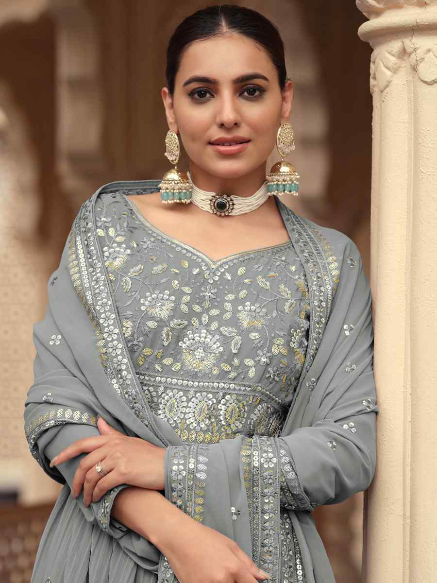 Grey Georgette Embroidered Festival Party Ready Anarkali Salwar Kameez