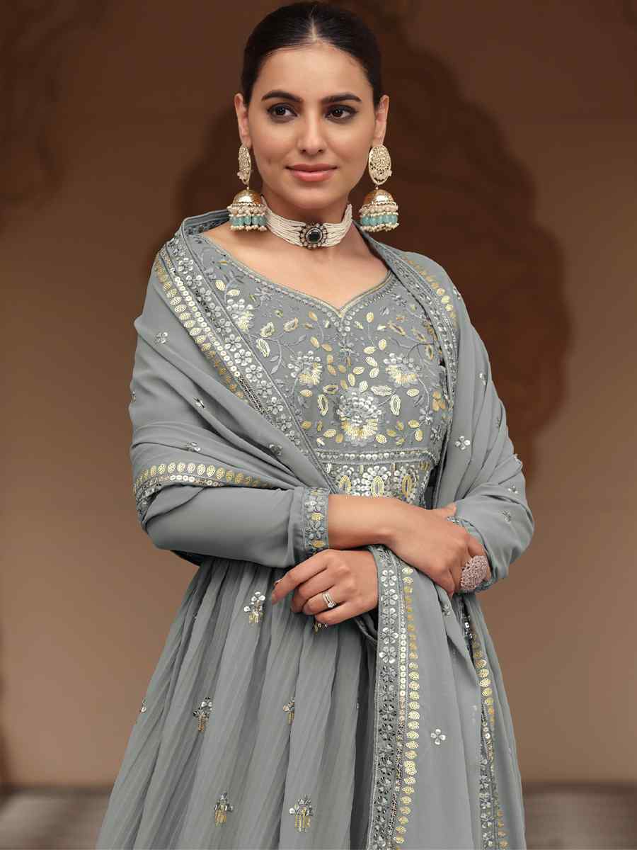 Grey Georgette Embroidered Festival Party Ready Anarkali Salwar Kameez