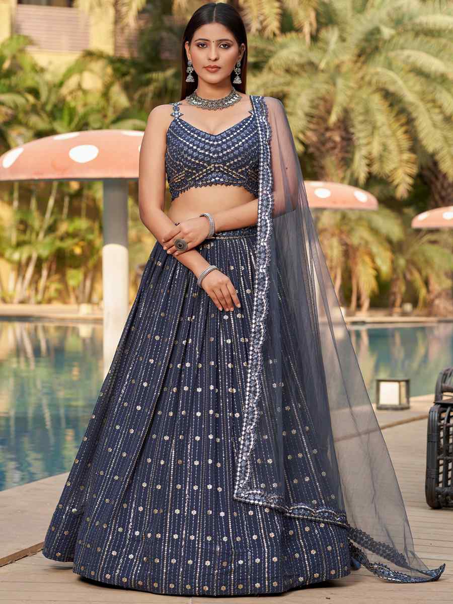 Grey Georgette Embroidered Festival Wedding Circular Lehenga Choli
