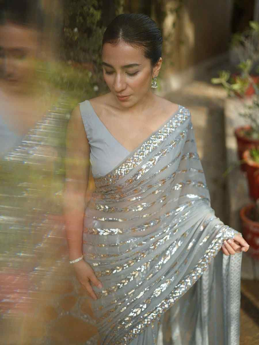 Grey Georgette Embroidered Festival Wedding Fancy Heavy Border Saree