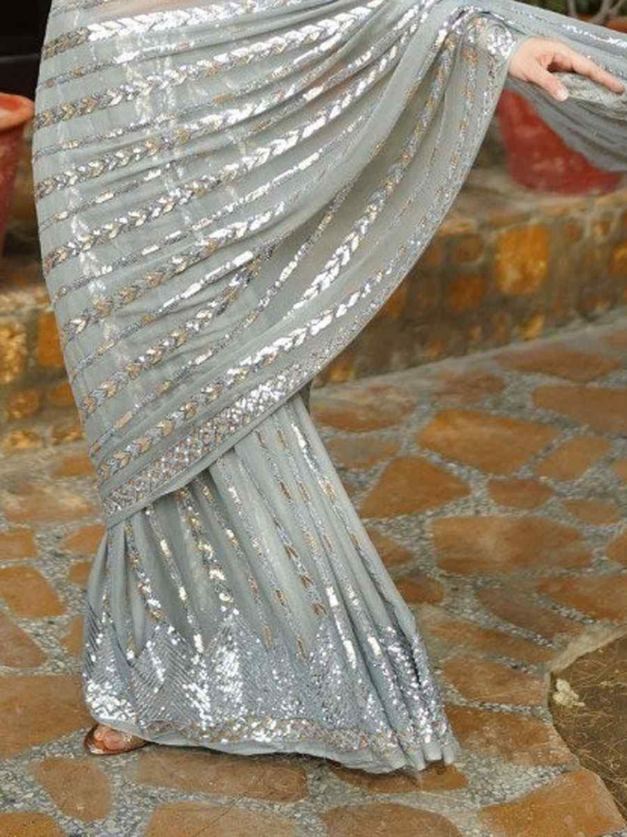 Grey Georgette Embroidered Festival Wedding Fancy Heavy Border Saree