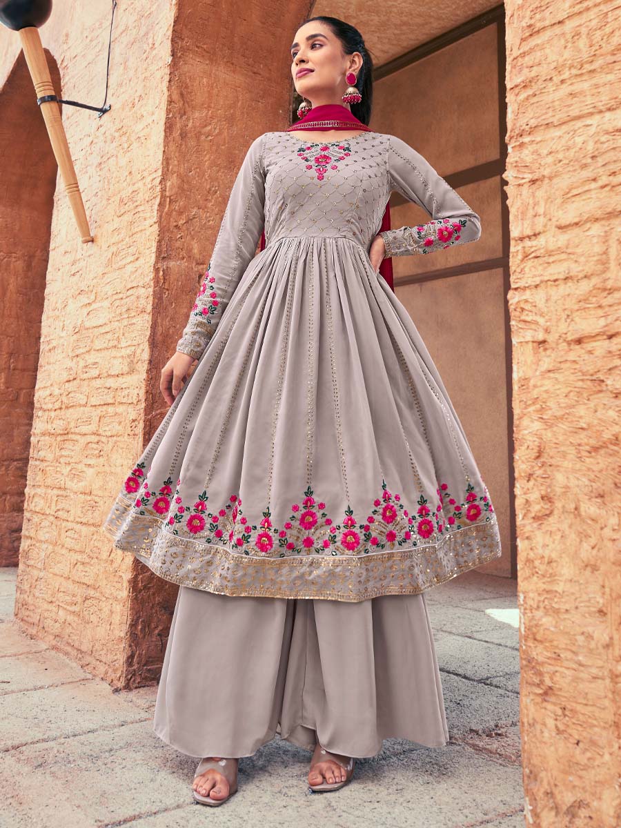 Grey Georgette Embroidered Festival Wedding Palazzo Pant Salwar Kameez