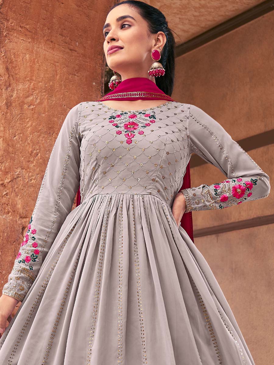 Grey Georgette Embroidered Festival Wedding Palazzo Pant Salwar Kameez