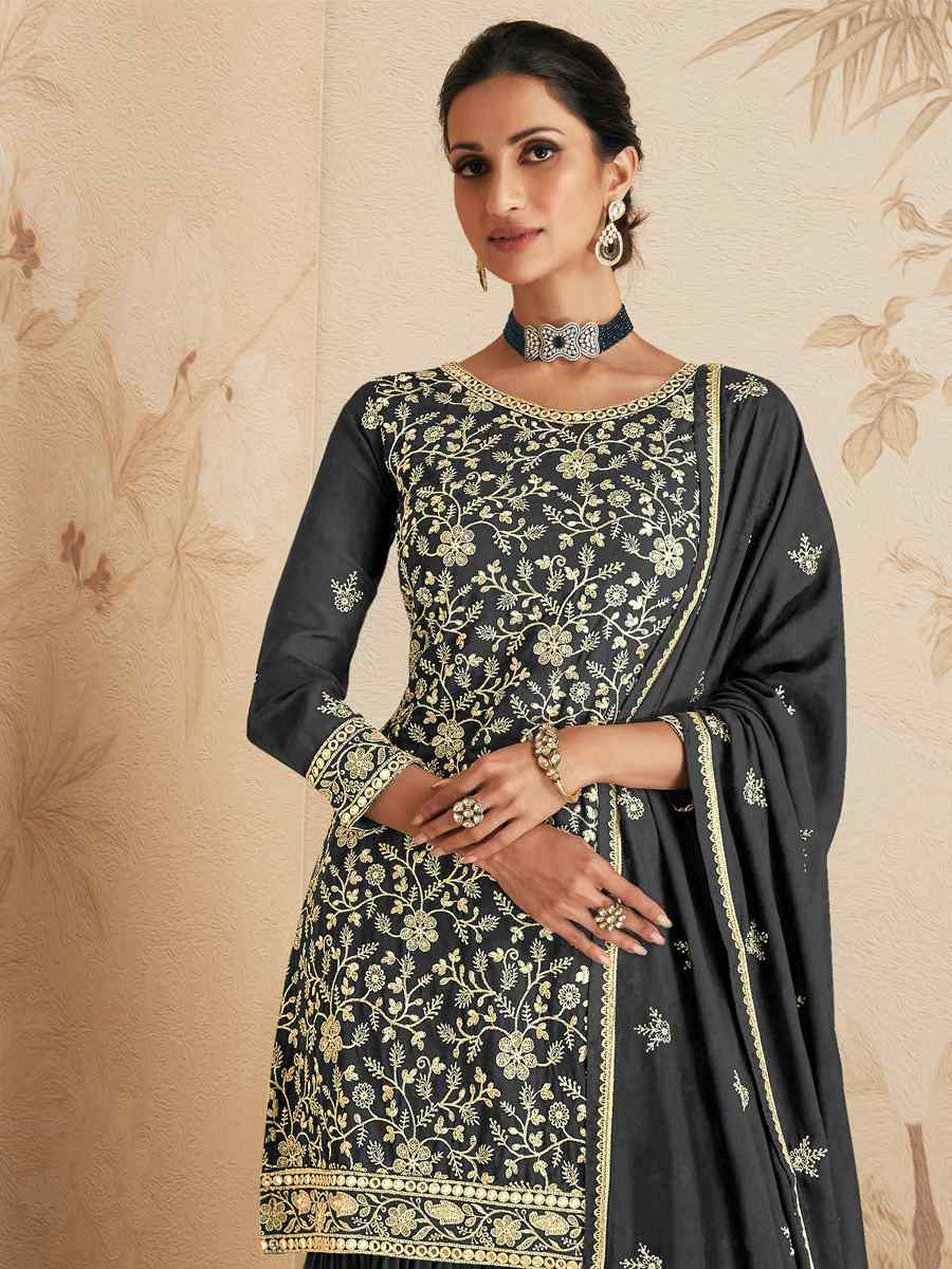 Grey Georgette Embroidered Festival Wedding Palazzo Pant Salwar Kameez