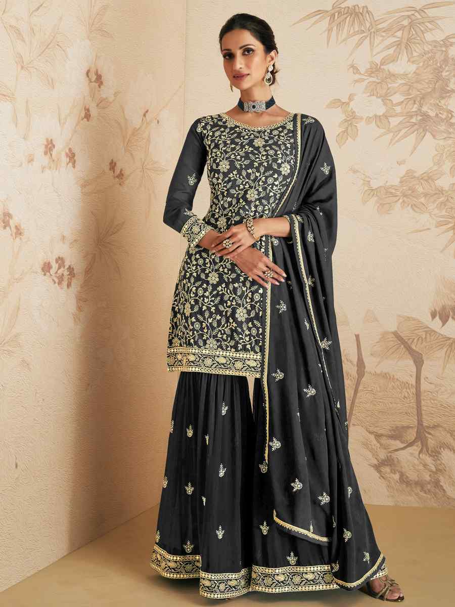 Grey Georgette Embroidered Festival Wedding Palazzo Pant Salwar Kameez