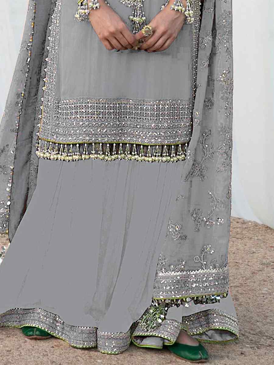 Grey Georgette Embroidered Festival Wedding Palazzo Pant Salwar Kameez