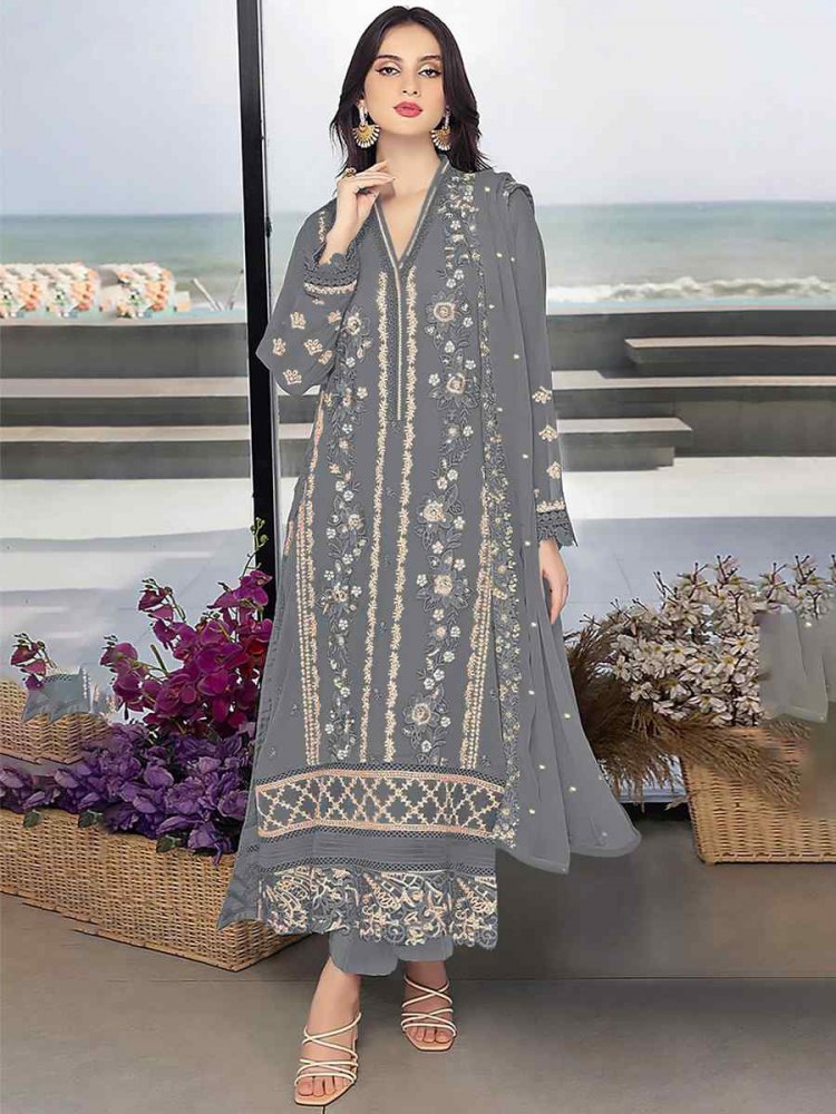 Grey Georgette Embroidered Festival Wedding Pant Salwar Kameez