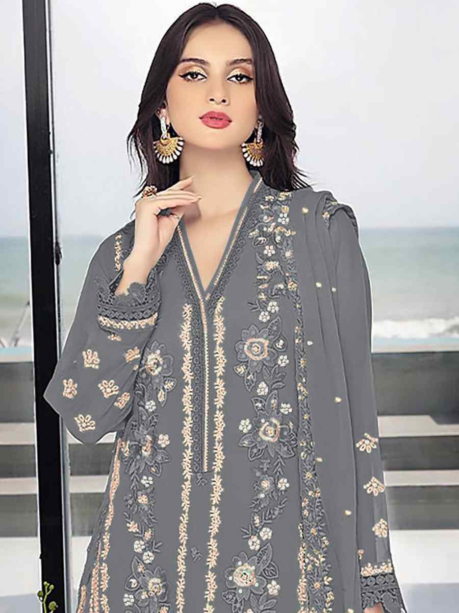 Grey Georgette Embroidered Festival Wedding Pant Salwar Kameez
