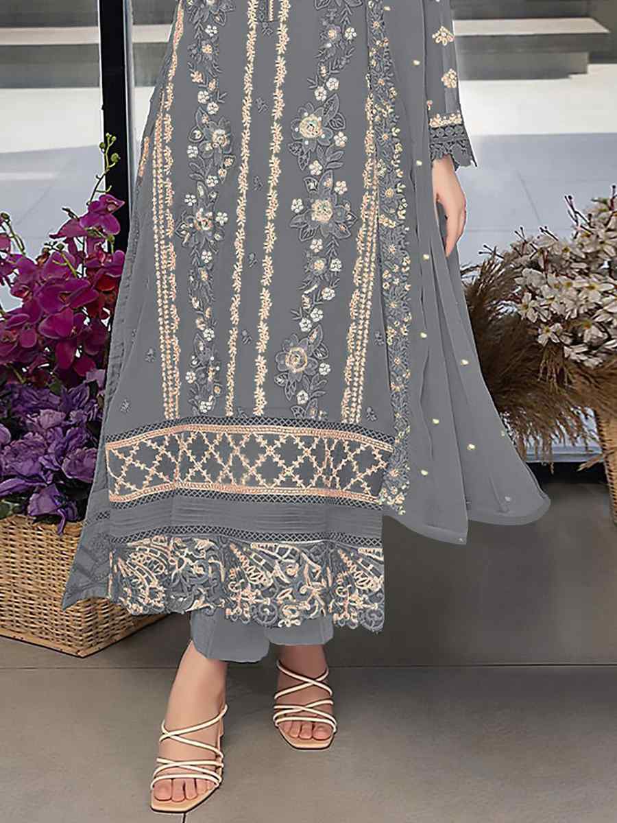 Grey Georgette Embroidered Festival Wedding Pant Salwar Kameez