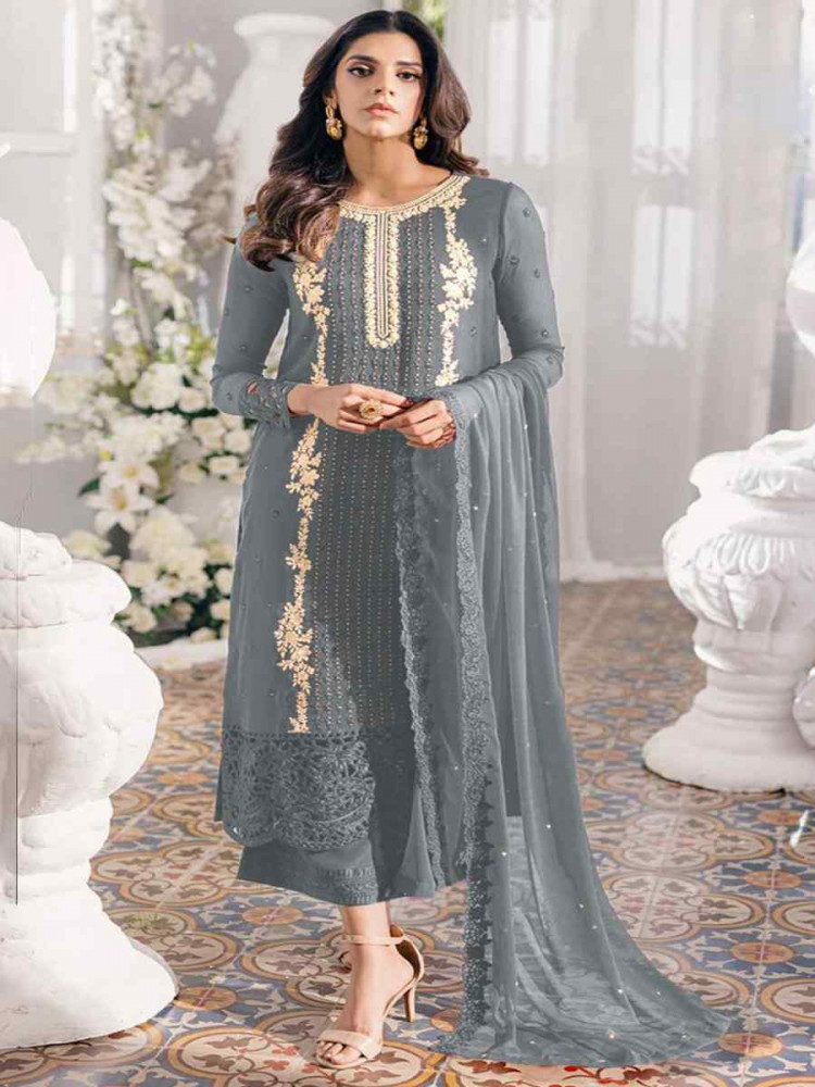 Grey Georgette Embroidered Festival Wedding Pant Salwar Kameez