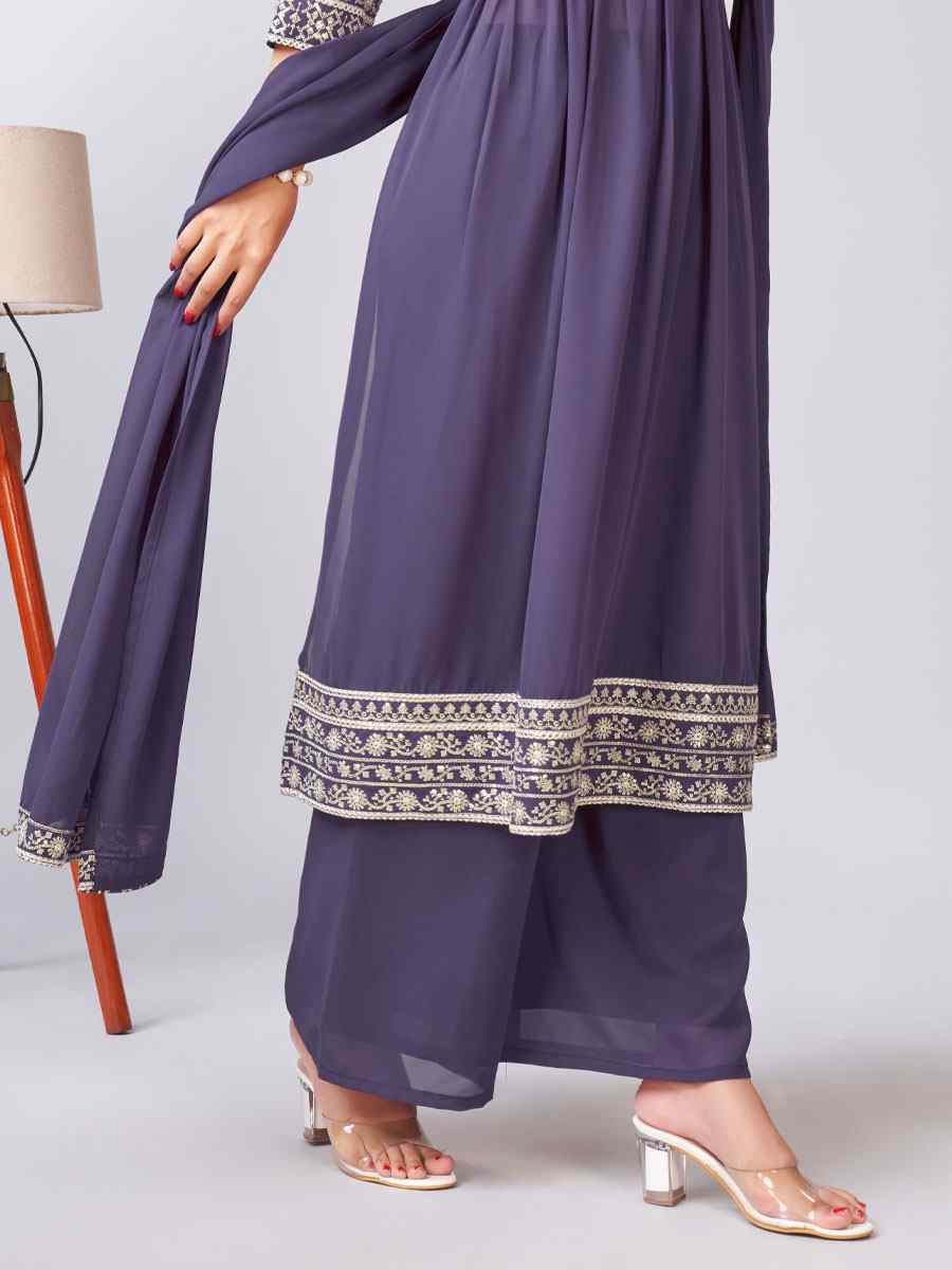 Grey Georgette Embroidered Festival Wedding Ready Palazzo Pant Salwar Kameez