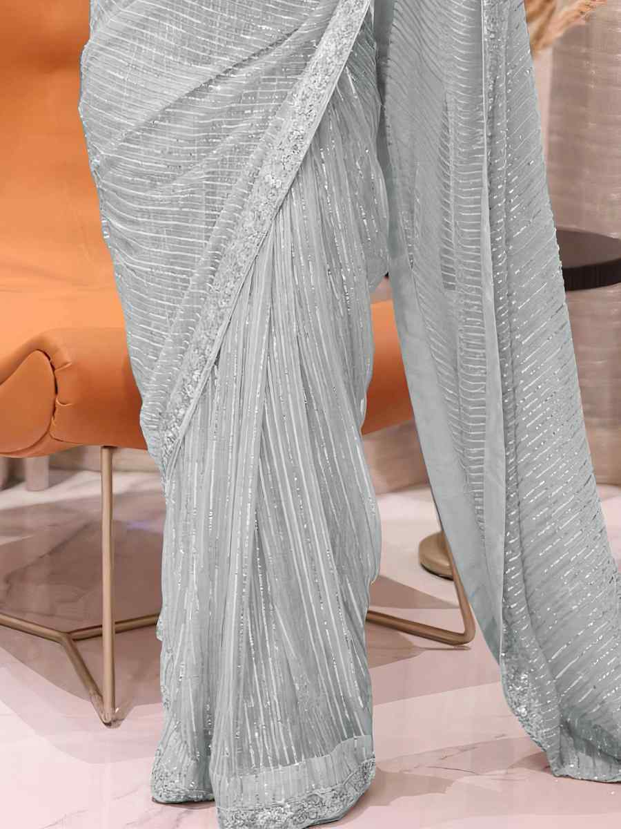 White Georgette Embroidered Party Cocktail Classic Style Saree