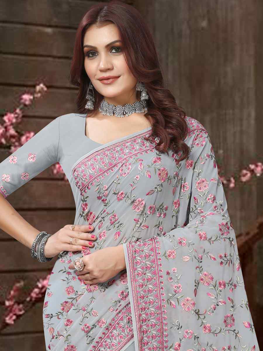 Grey Georgette Embroidered Party Festival Heavy Border Saree