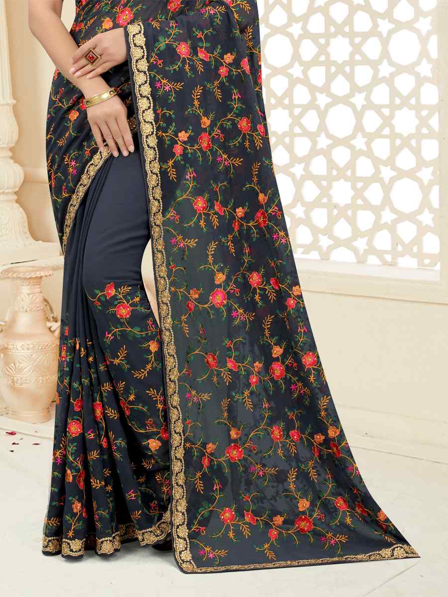 Grey Georgette Embroidered Party Wedding Heavy Border Saree
