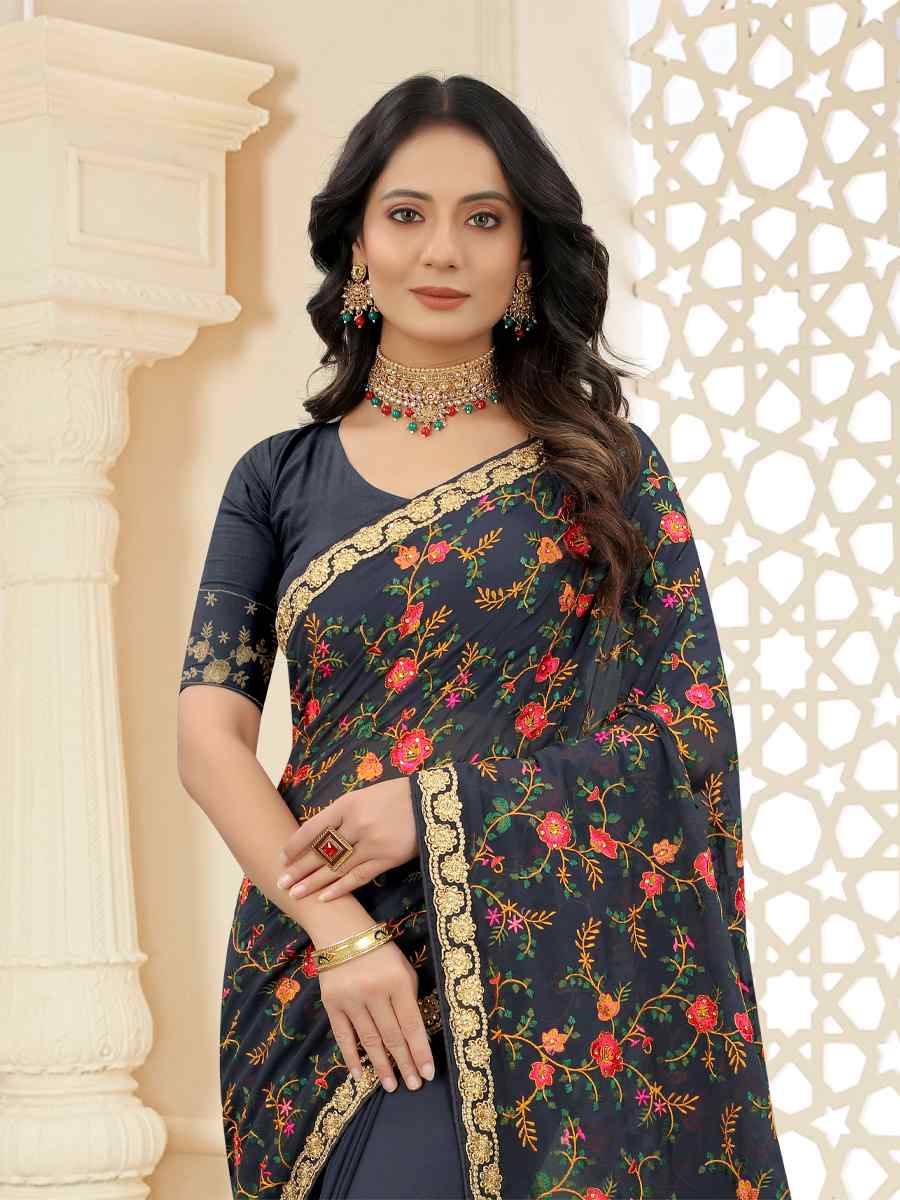 Grey Georgette Embroidered Party Wedding Heavy Border Saree