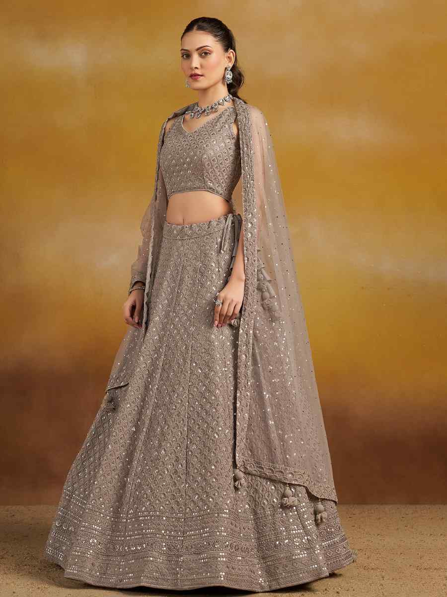 Grey Georgette Embroidered Reception Wedding Heavy Border Lehenga Choli