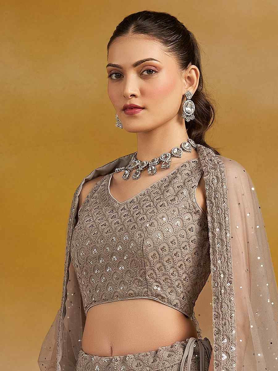 Grey Georgette Embroidered Reception Wedding Heavy Border Lehenga Choli