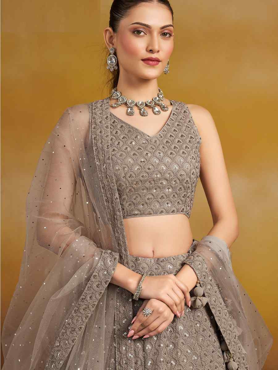 Grey Georgette Embroidered Reception Wedding Heavy Border Lehenga Choli
