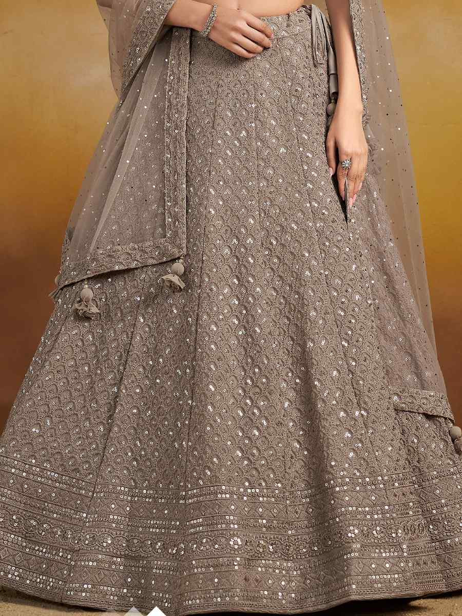 Grey Georgette Embroidered Reception Wedding Heavy Border Lehenga Choli