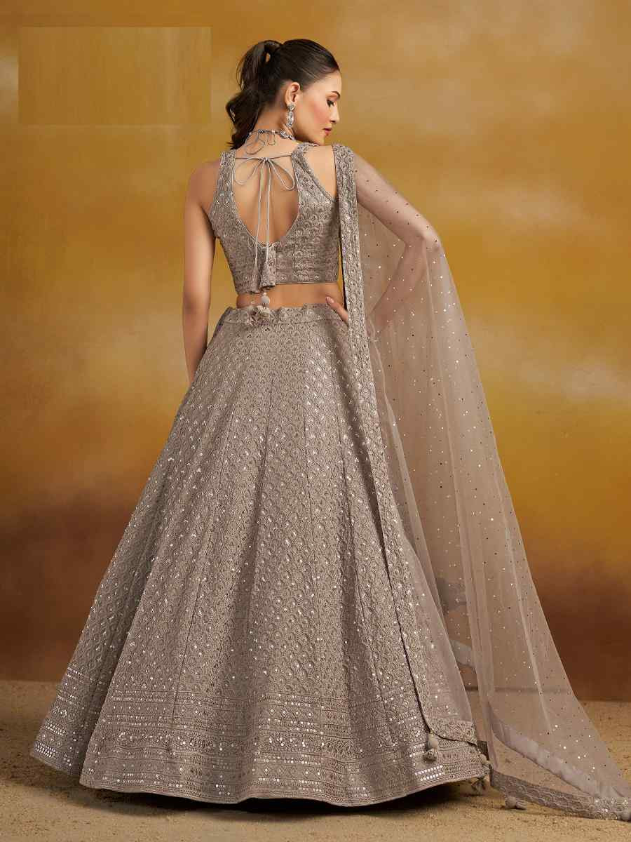 Grey Georgette Embroidered Reception Wedding Heavy Border Lehenga Choli