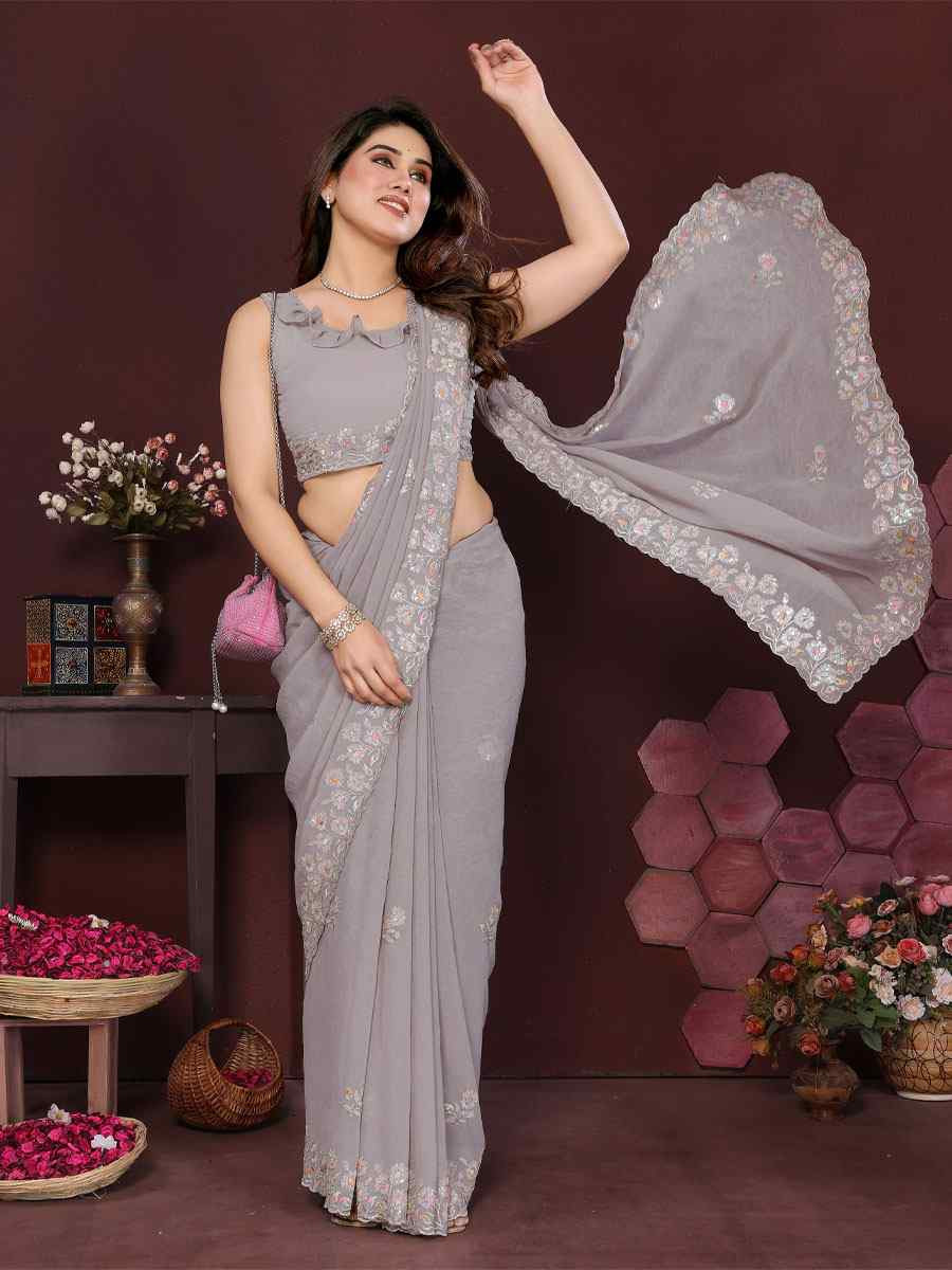 Grey Georgette Embroidery Bridal Festival Wedding Traditional Fancy Heavy Border Sarees