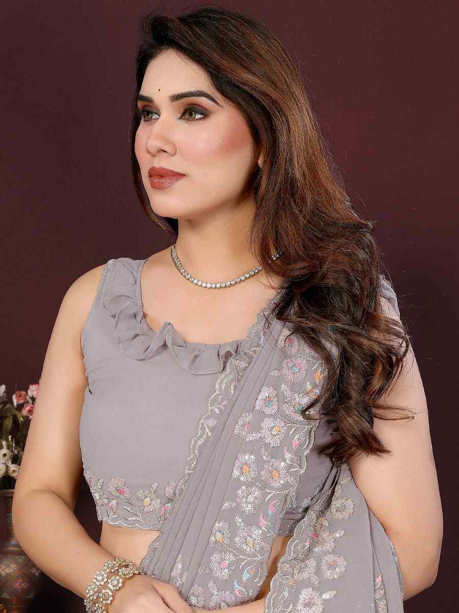 Grey Georgette Embroidery Bridal Festival Wedding Traditional Fancy Heavy Border Sarees