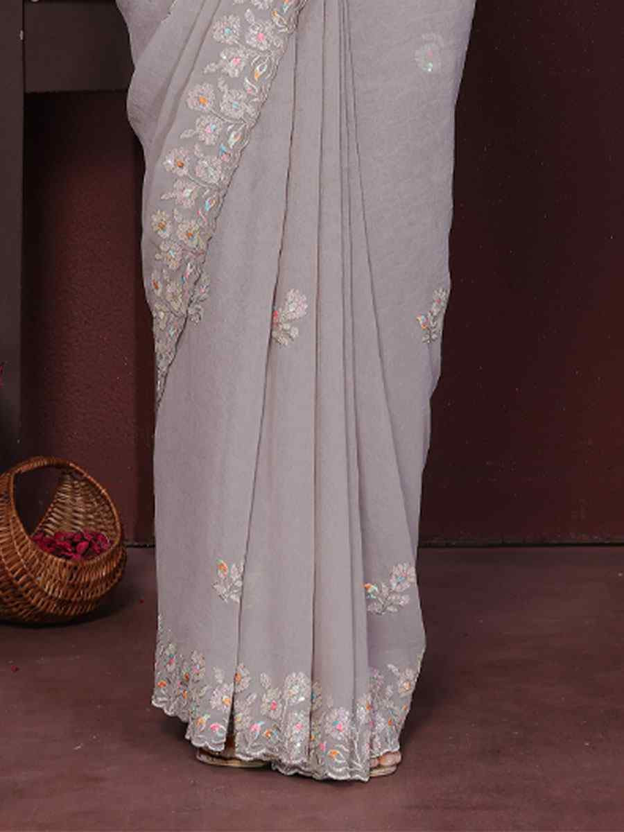 Grey Georgette Embroidery Bridal Festival Wedding Traditional Fancy Heavy Border Sarees