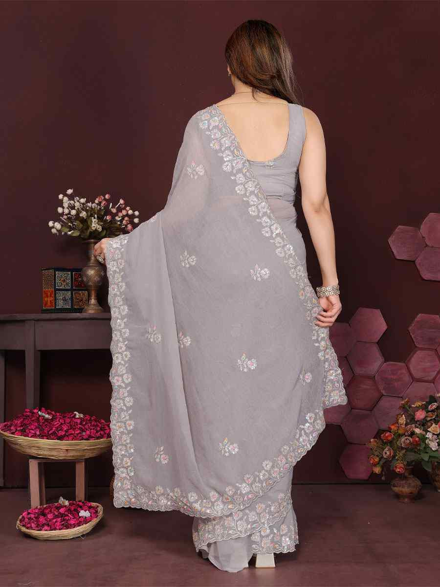 Grey Georgette Embroidery Bridal Festival Wedding Traditional Fancy Heavy Border Sarees