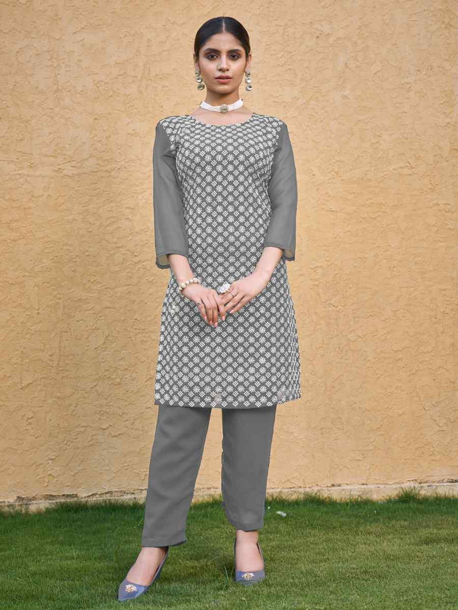Grey Georgette Embroidery Festival Casual Kurti