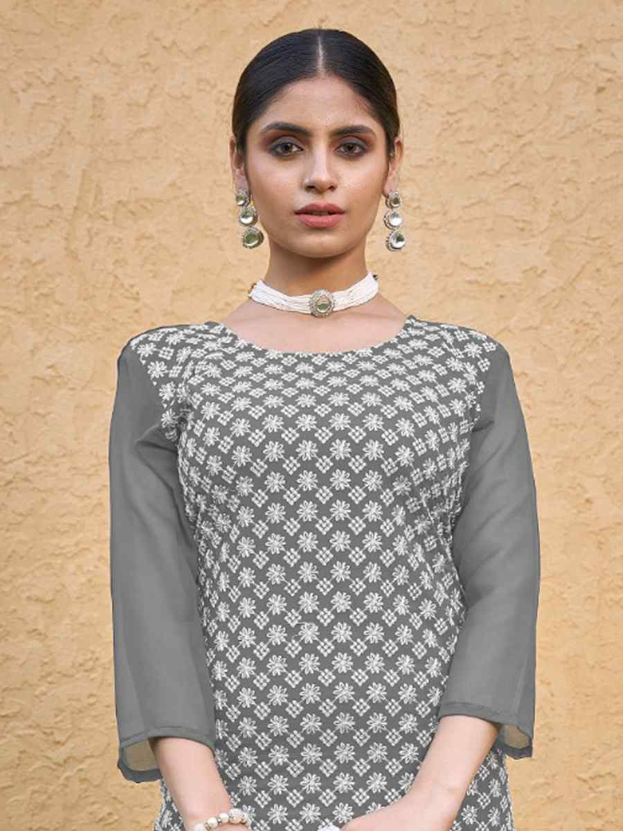 Grey Georgette Embroidery Festival Casual Kurti