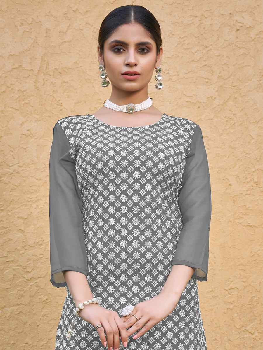 Grey Georgette Embroidery Festival Casual Kurti