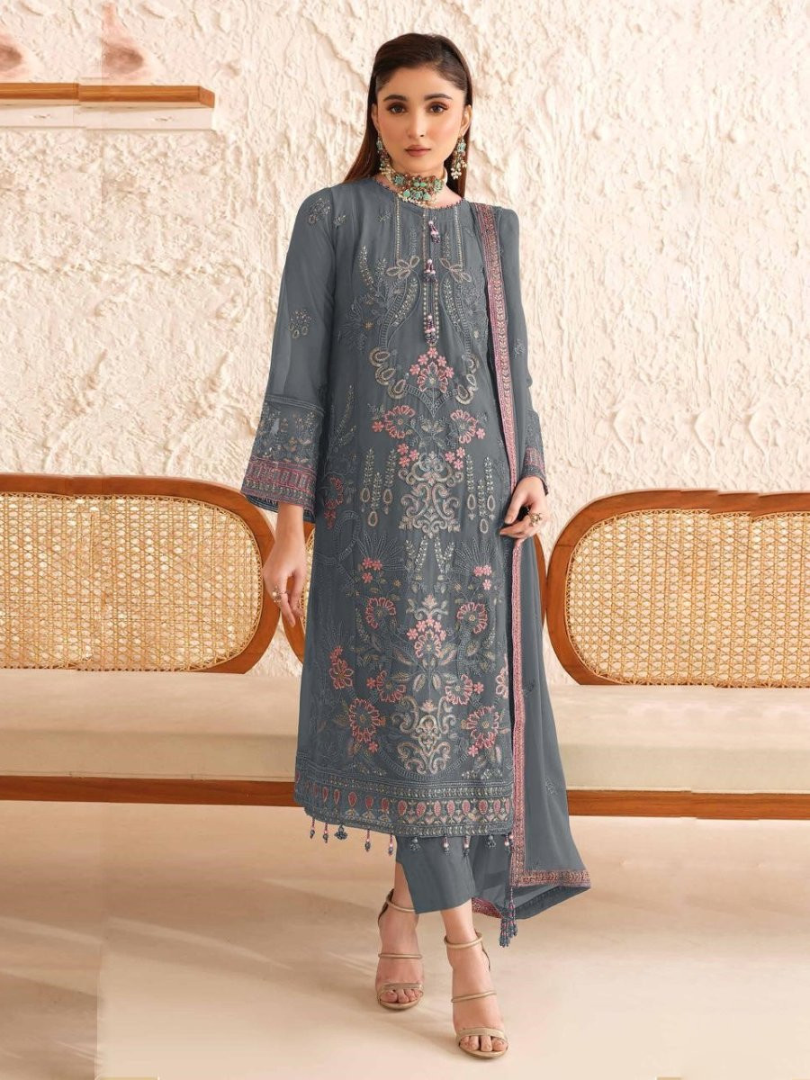 Grey Georgette Embroidery Zari Sequins Wedding Festival Party Casual Pant Salwar Kameez