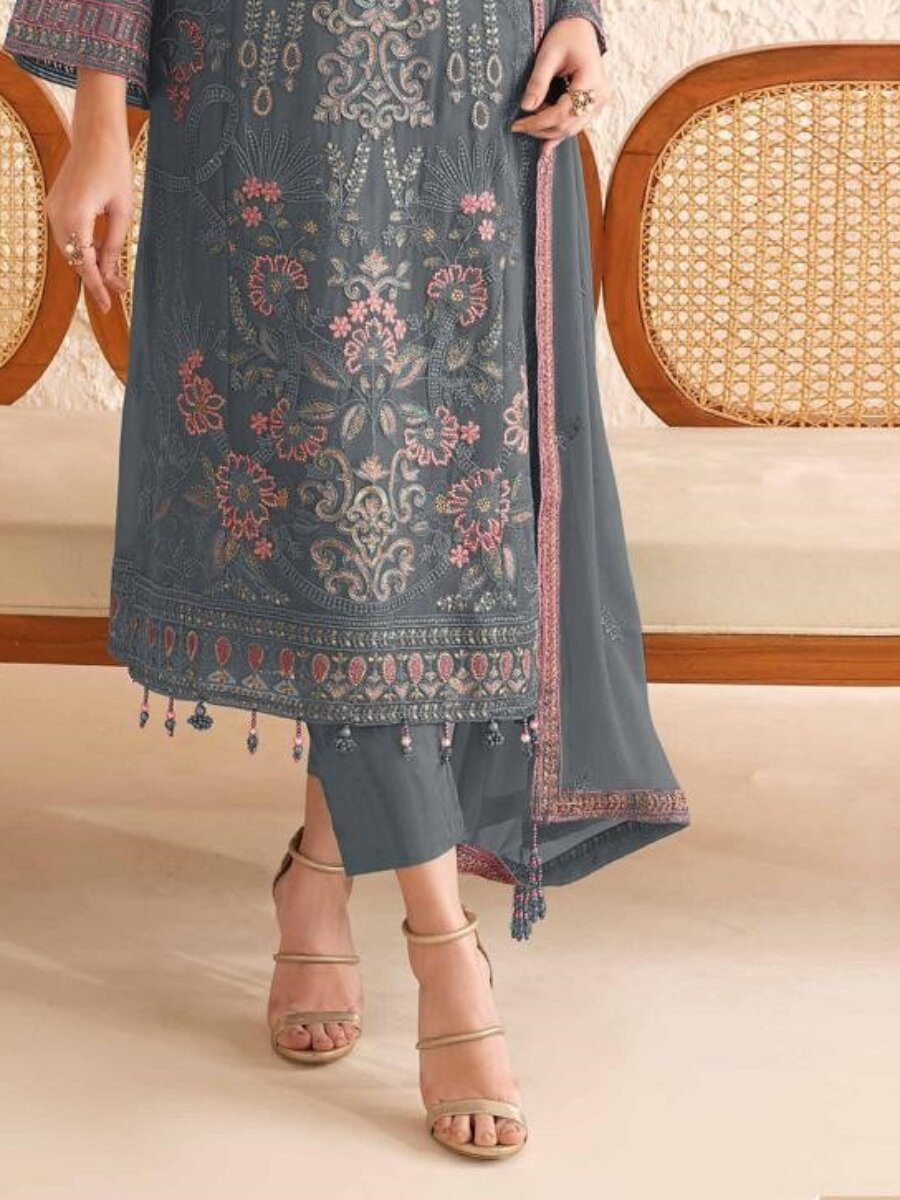 Grey Georgette Embroidery Zari Sequins Wedding Festival Party Casual Pant Salwar Kameez