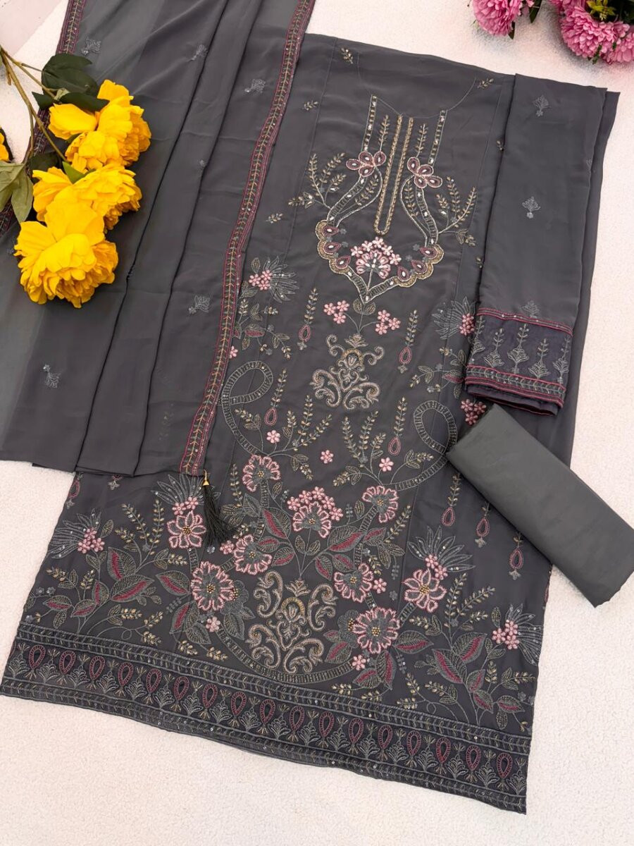 Grey Georgette Embroidery Zari Sequins Wedding Festival Party Casual Pant Salwar Kameez