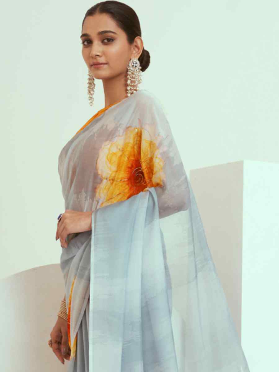 Grey Georgette Printed Casual Festival Contemporary Saree
