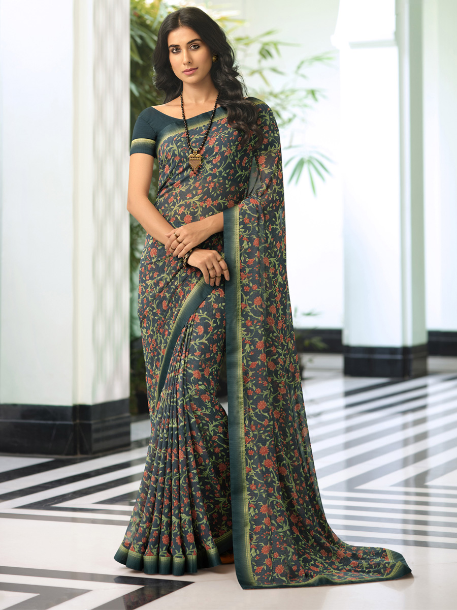 Grey Georgette Printed Casual Festival Contemporary Saree