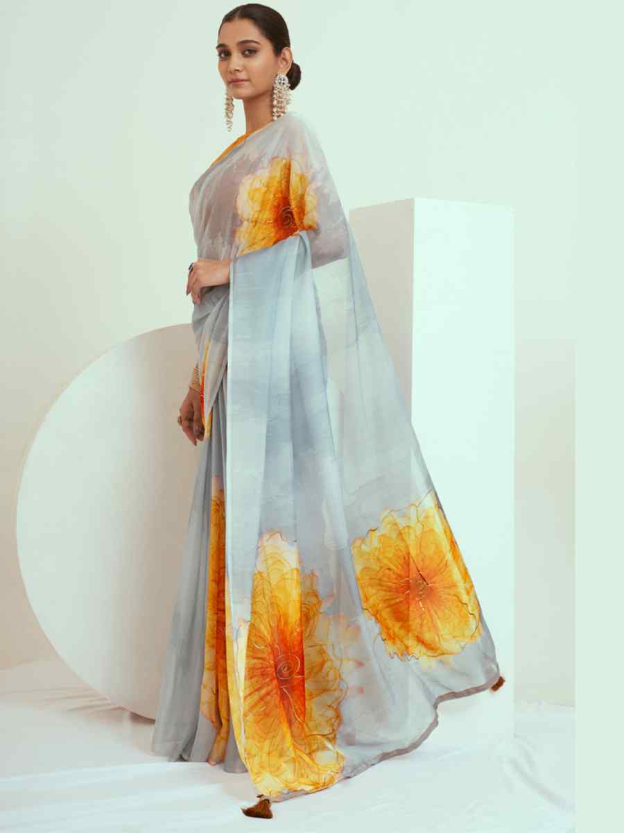 Grey Georgette Printed Casual Festival Contemporary Saree