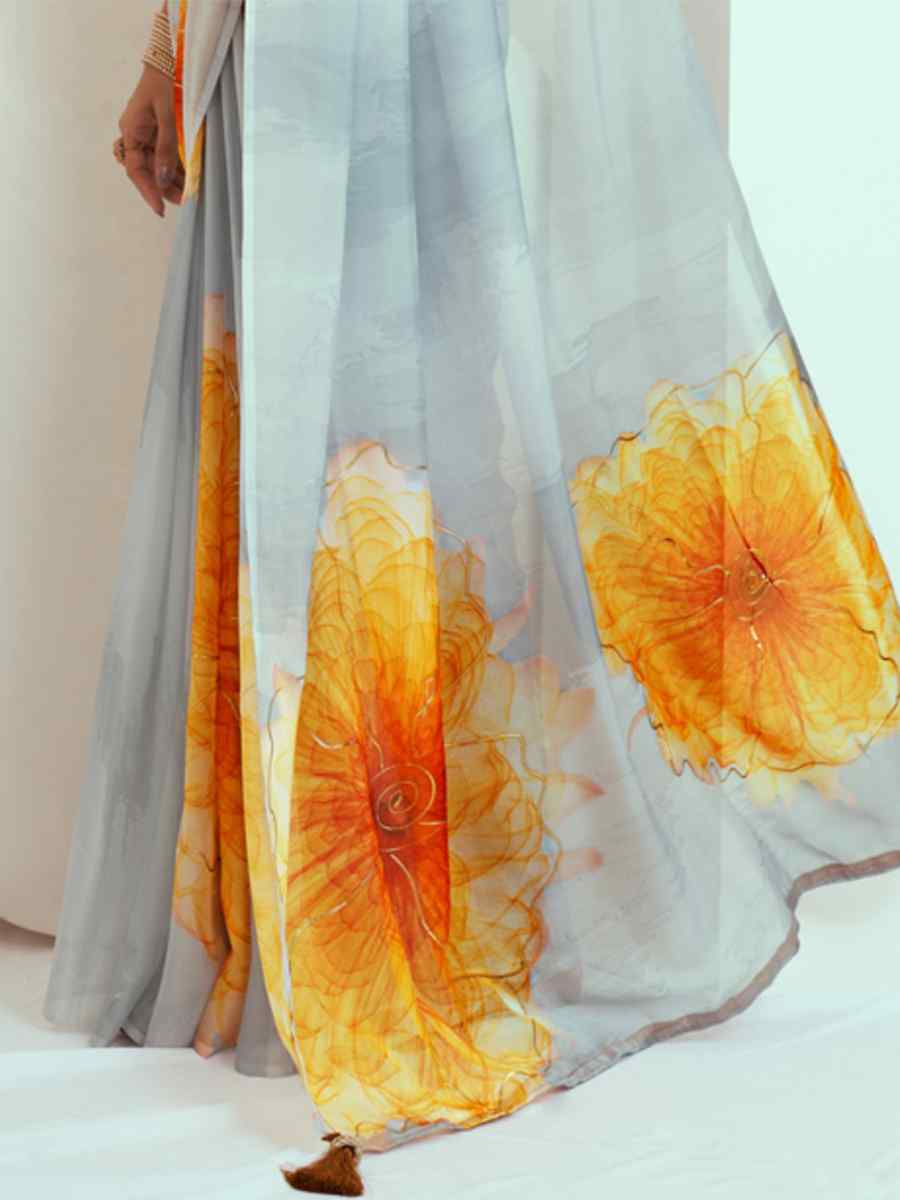 Grey Georgette Printed Casual Festival Contemporary Saree