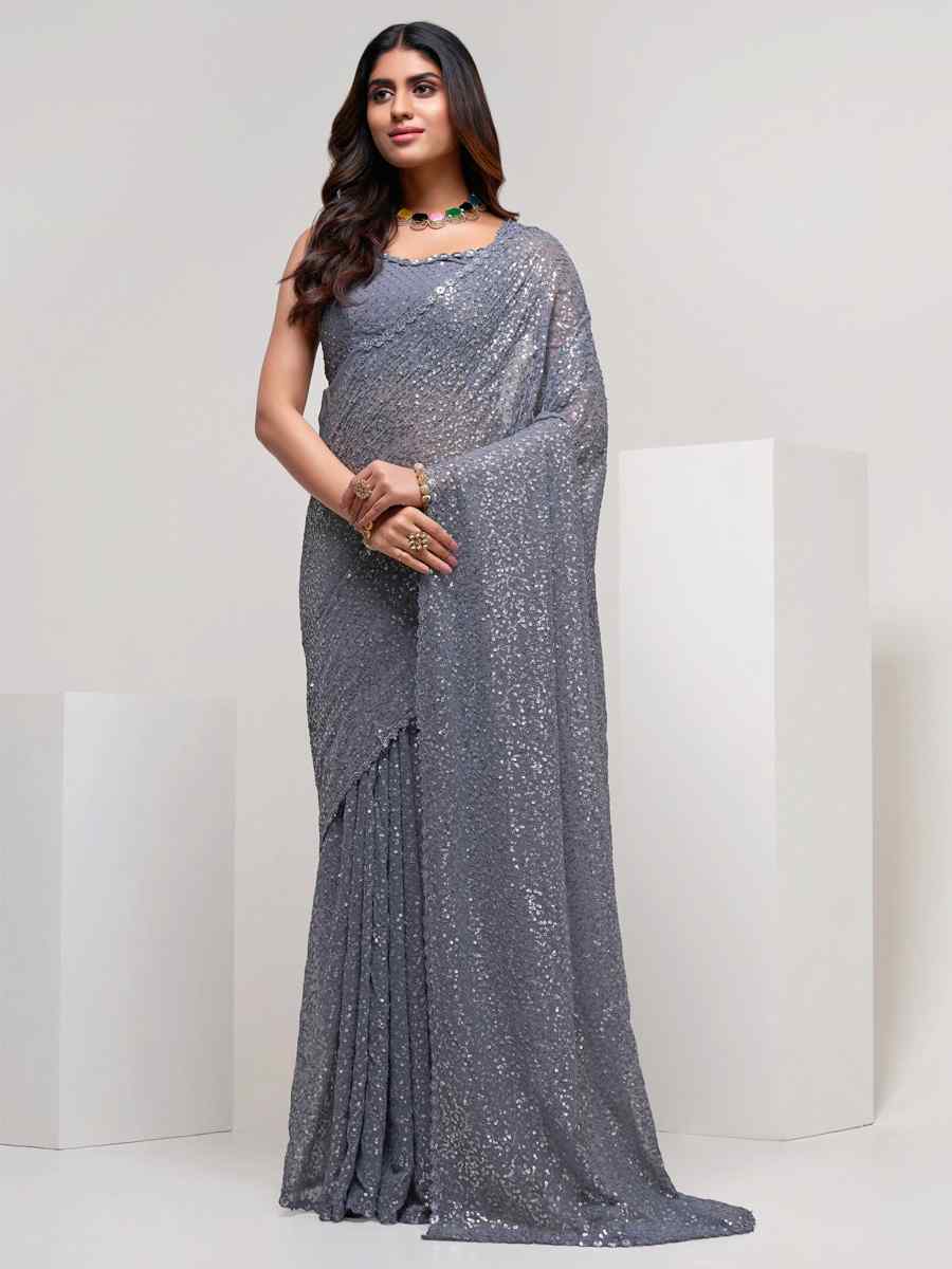 Grey Georgette Sequins Cocktail Party Classic Style Saree