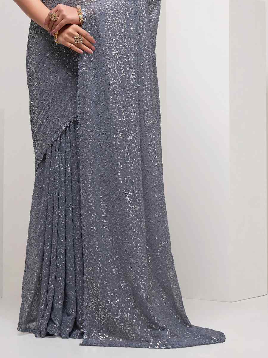 Grey Georgette Sequins Cocktail Party Classic Style Saree