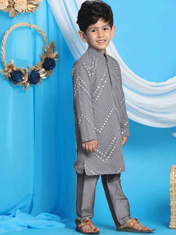 Grey Georgette Sequins Festival Traditional Kurta Pyjama Boys Wear