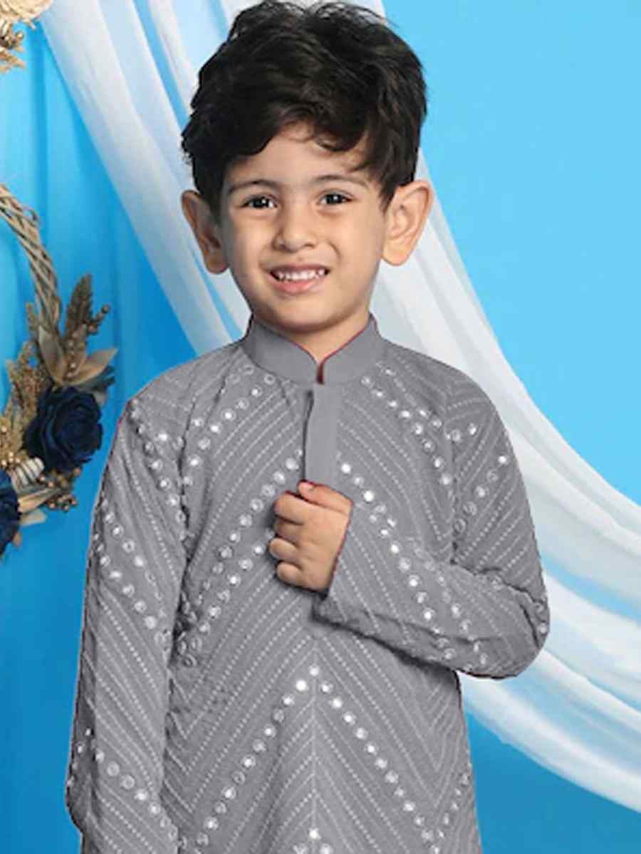 Grey Georgette Sequins Festival Traditional Kurta Pyjama Boys Wear