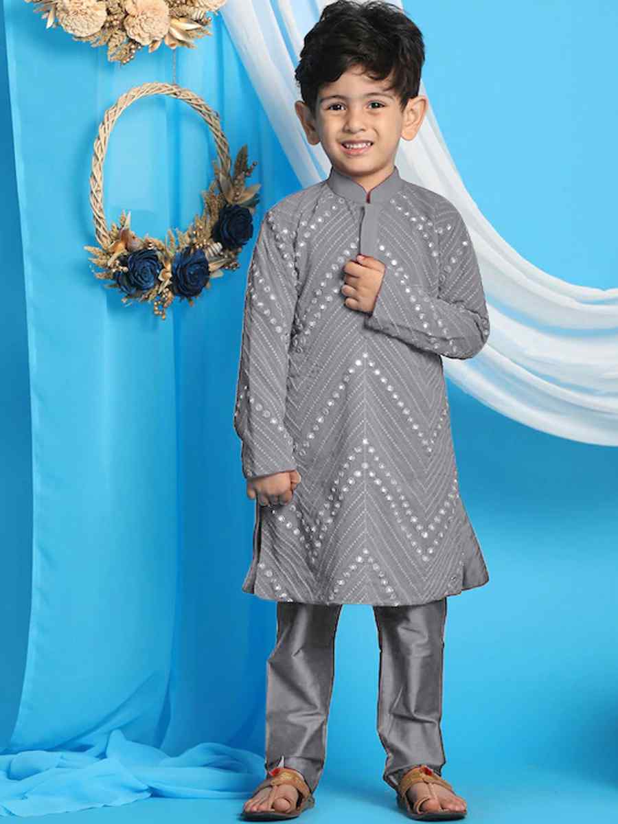 Grey Georgette Sequins Festival Traditional Kurta Pyjama Boys Wear