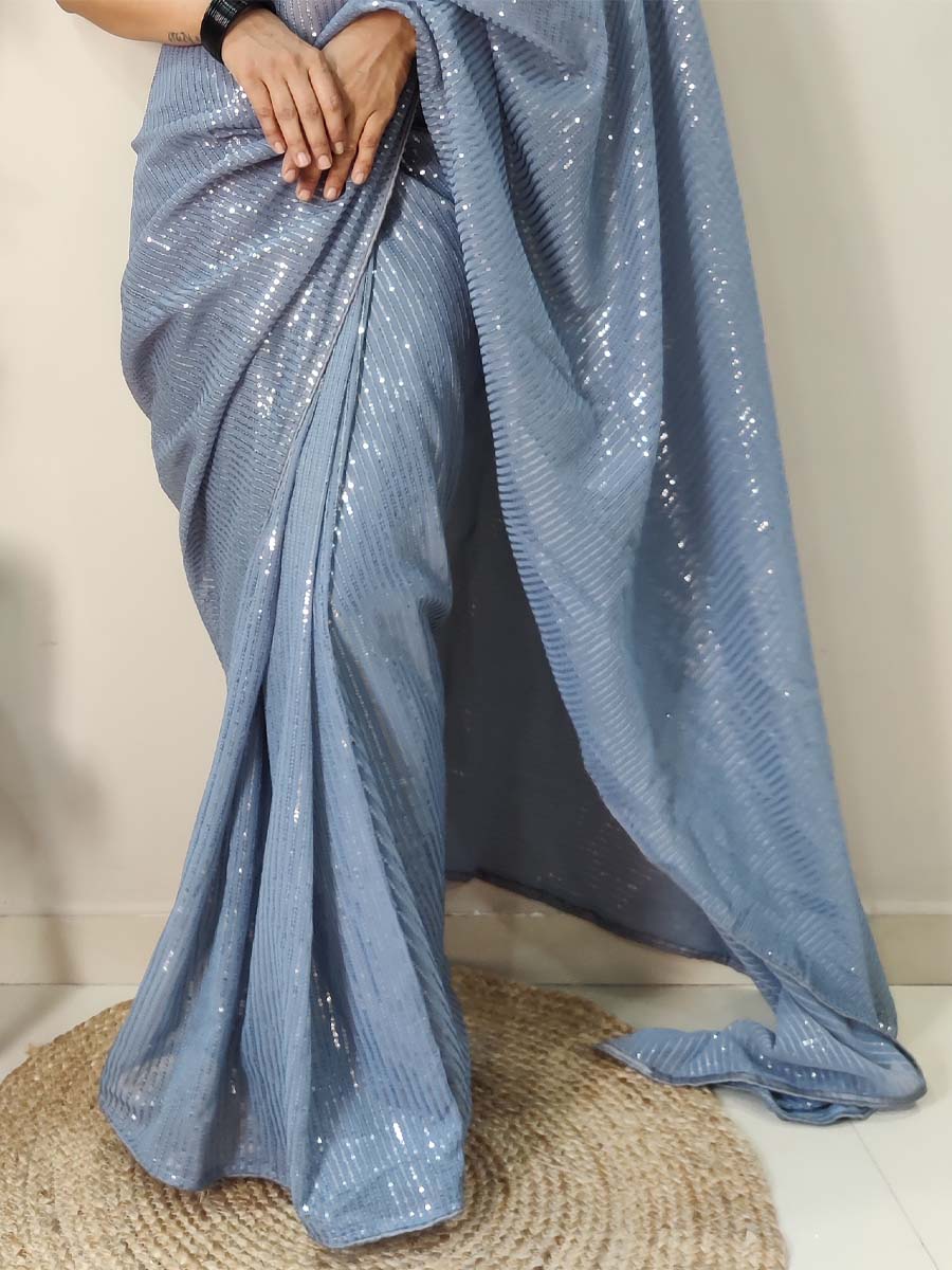 Grey Georgette Sequins Party Festival Classic Style Saree