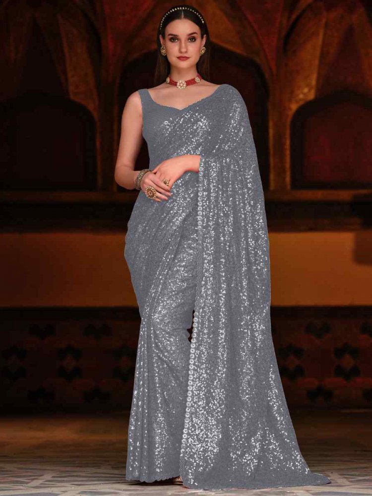 Grey Georgette Sequins Party Festival Classic Style Saree
